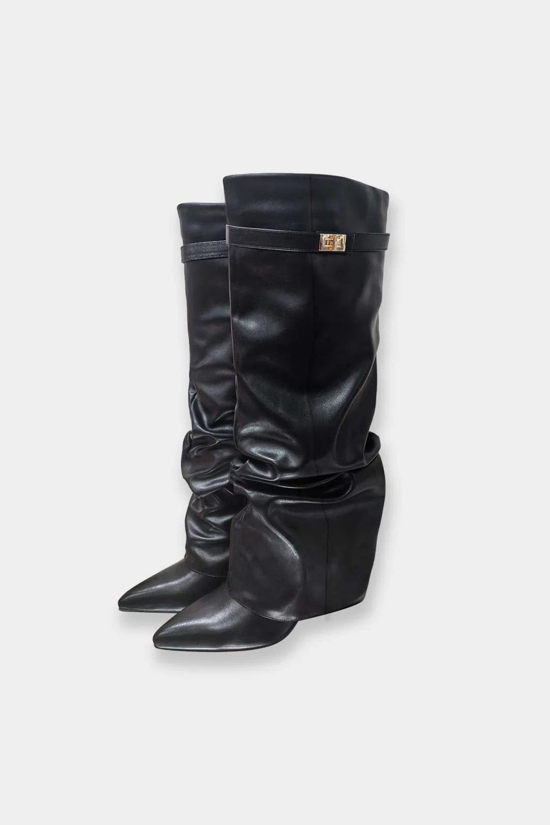 Leather Ruched Pointed Knee High Boots