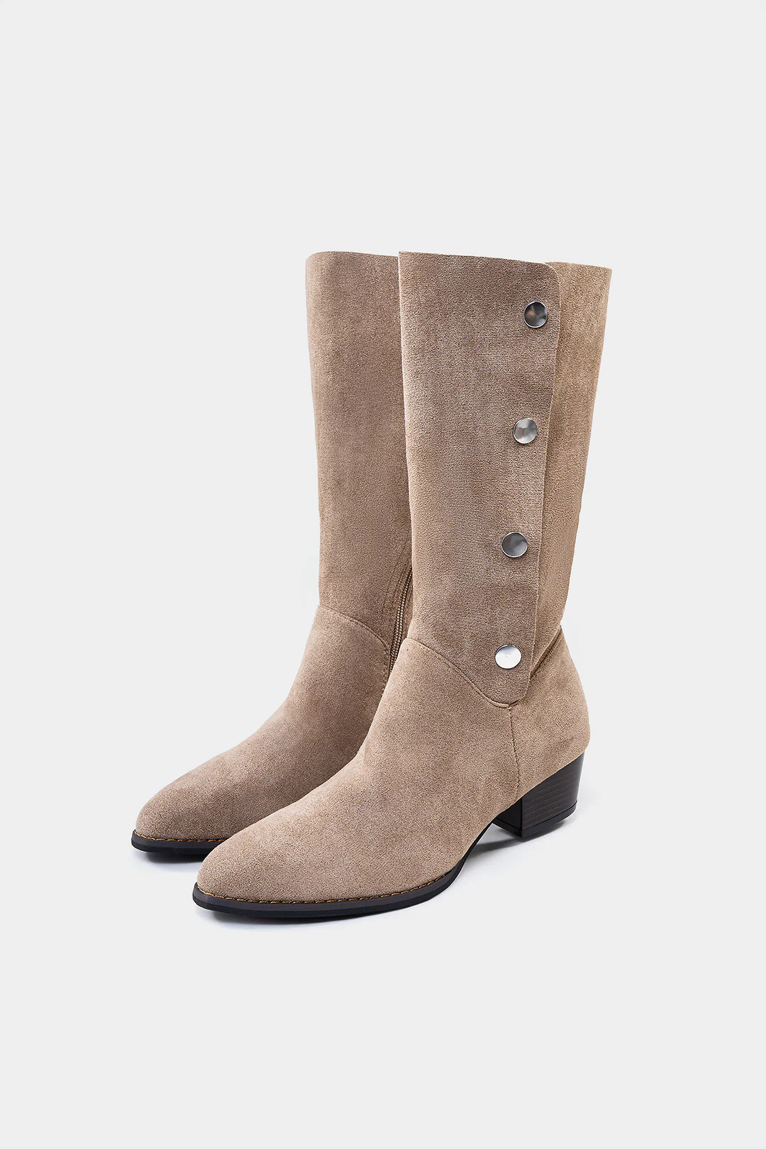 Suede Metallic Button Pointed Mid Calf Boots