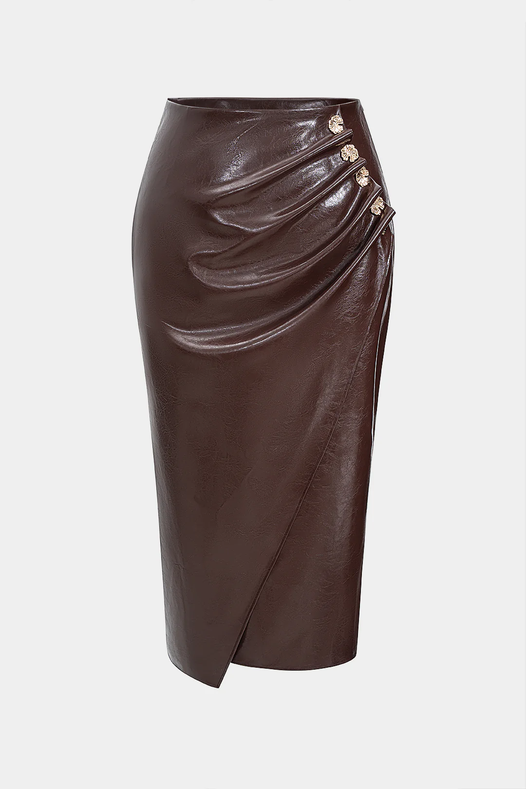 Plus Size Faux Leather Metallic Button Ruched Skirt