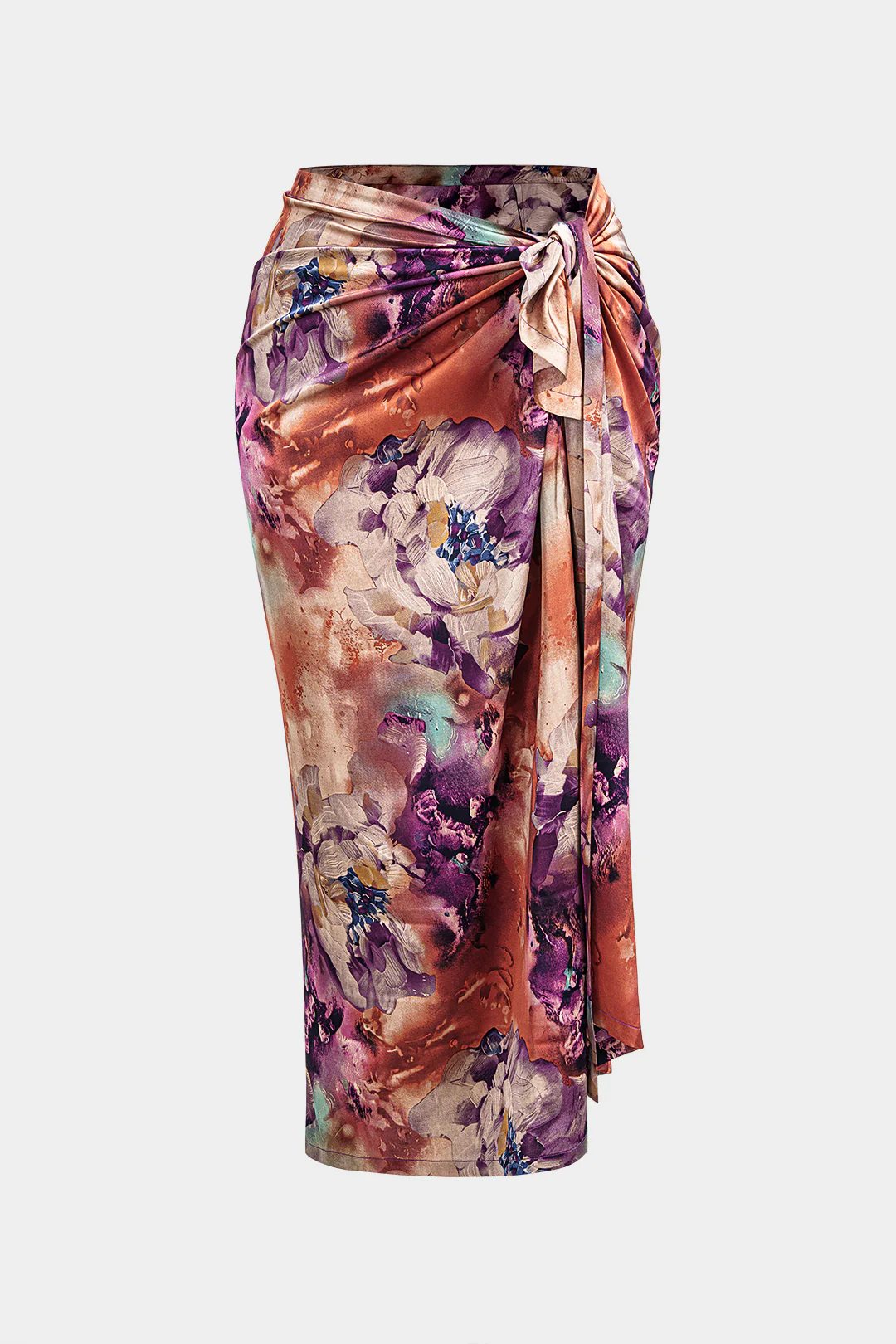 Plus Size Satin Abstract Print Tie Front Skirt