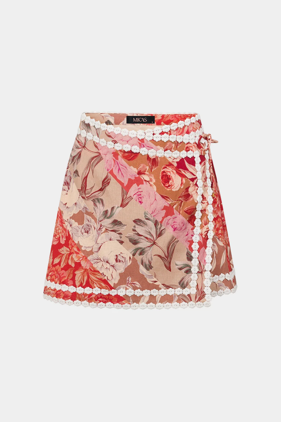 Floral Print Linen Contrast Whipstitching Tie-Up Skirt
