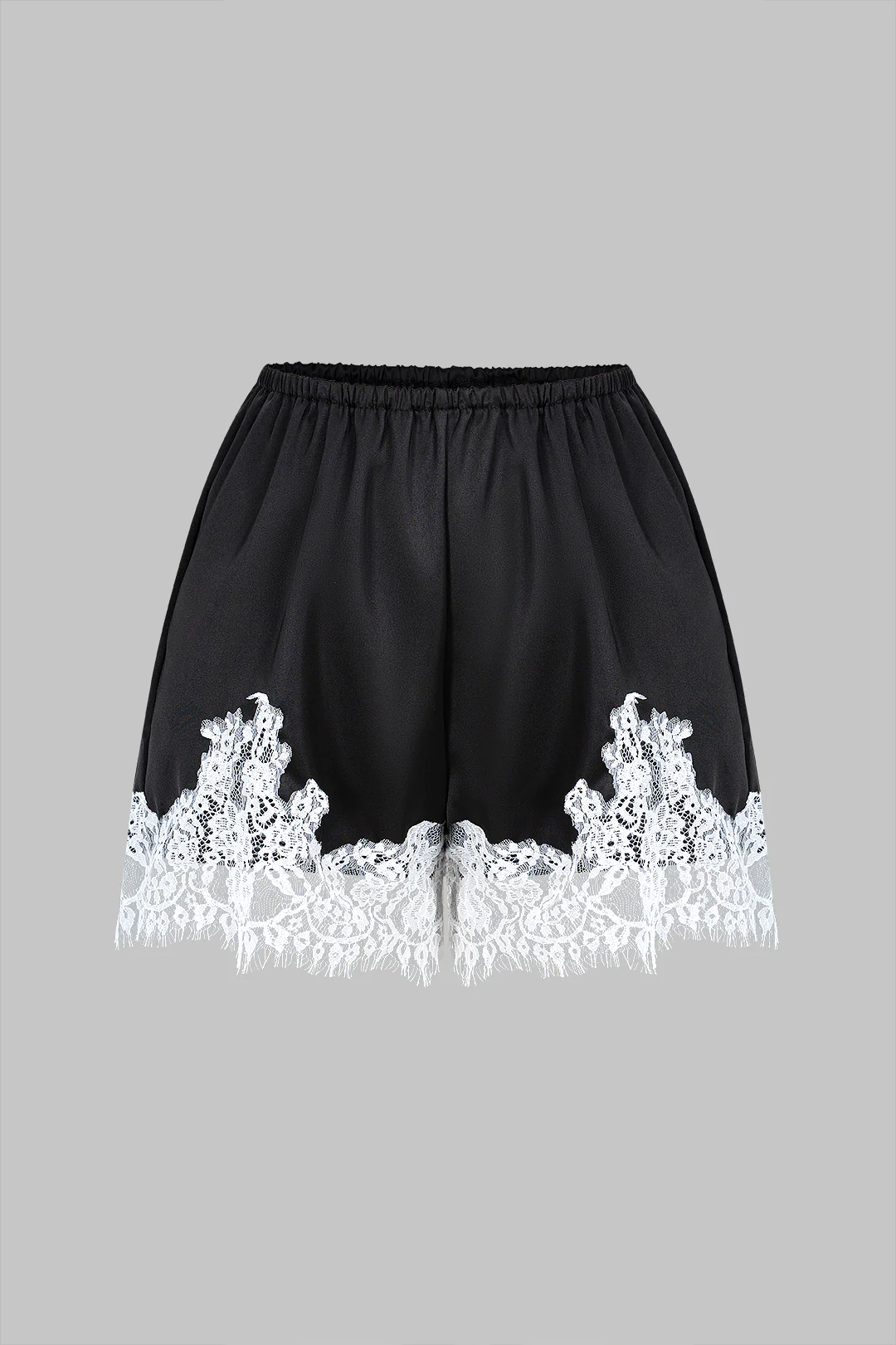 Satin Patchwork Lace Trim Shirred Waistband Shorts