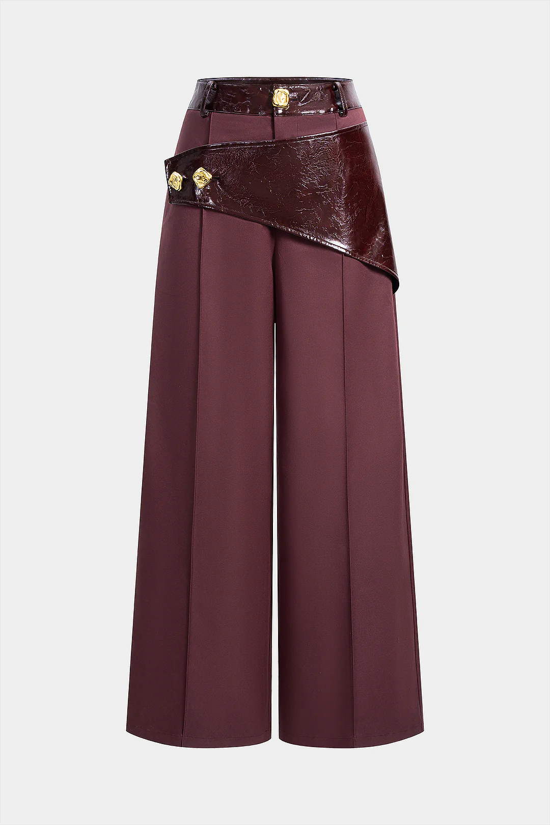 Faux Leather Patchwork Asymmetrical Metallic Button Wide Leg Pants