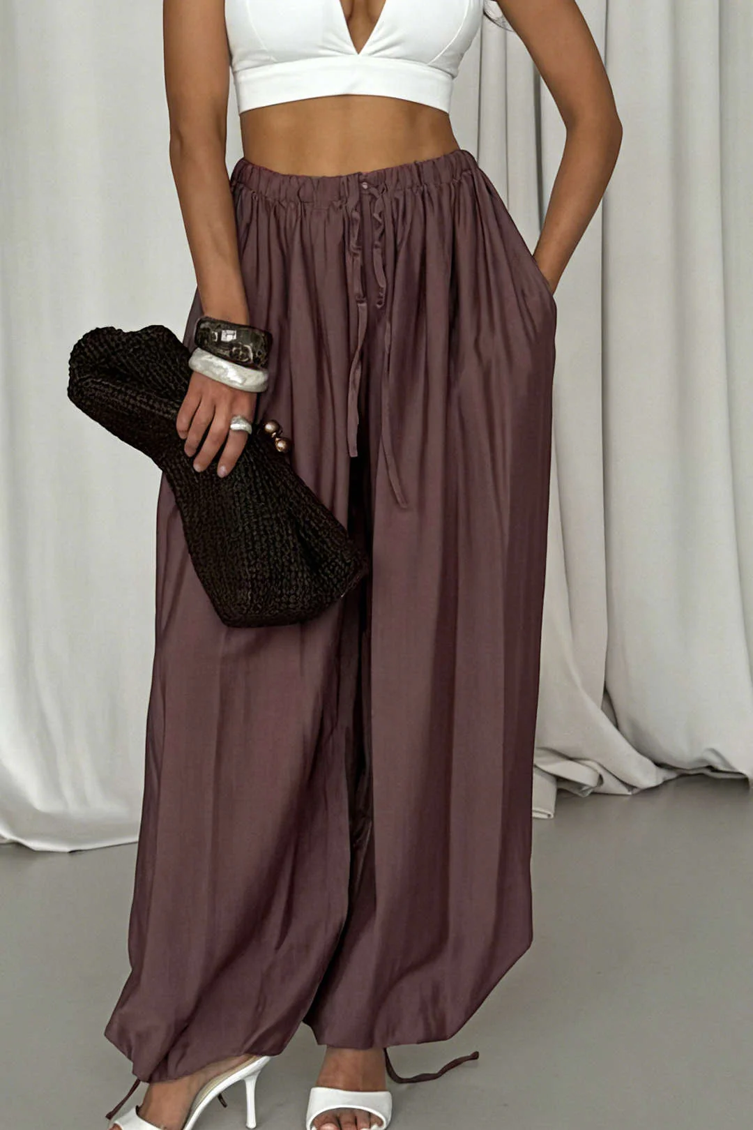 Ruched Drawstring Tie-Up High Waist Pants