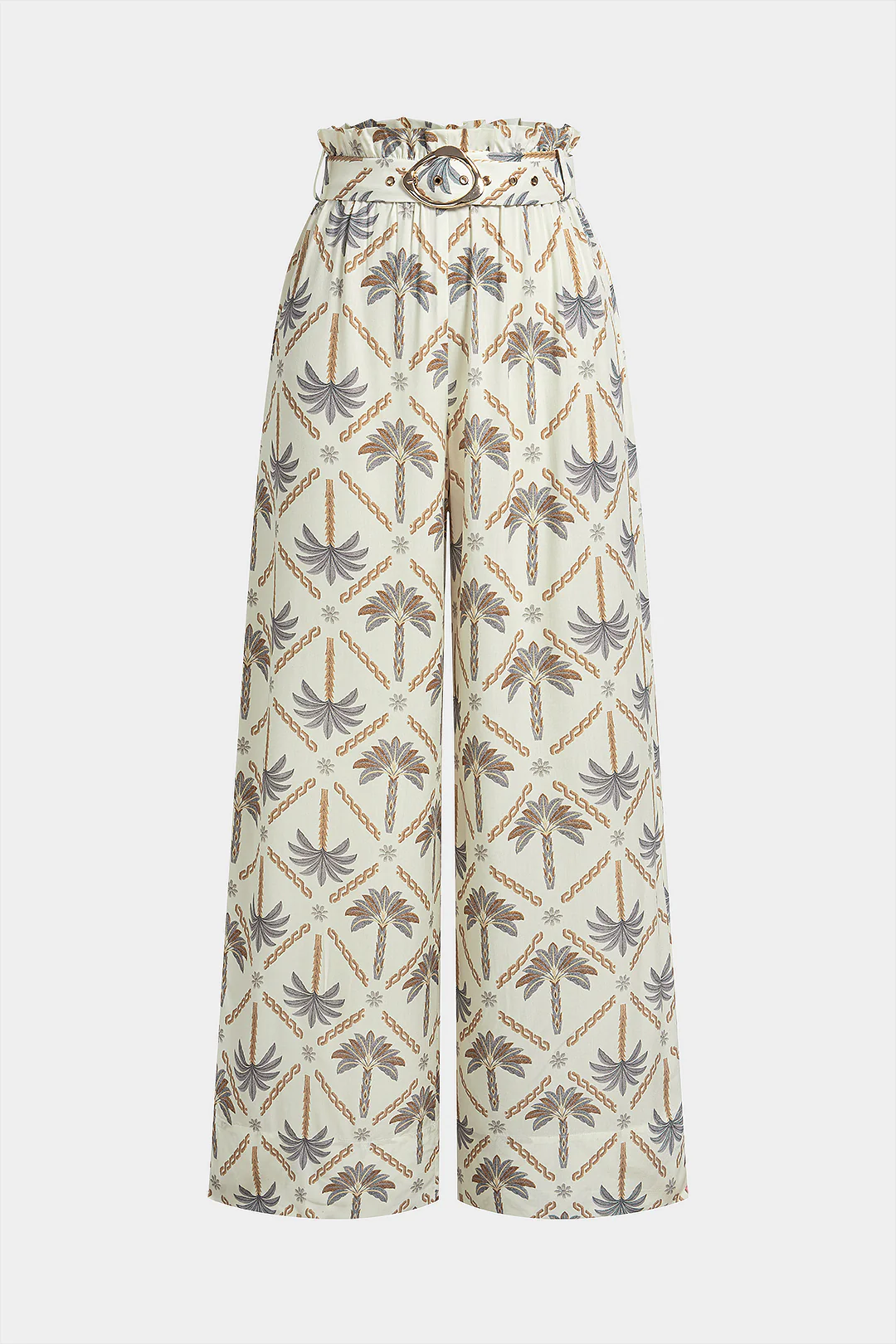 Tropical Print Metallic Belted Wide Leg Pants