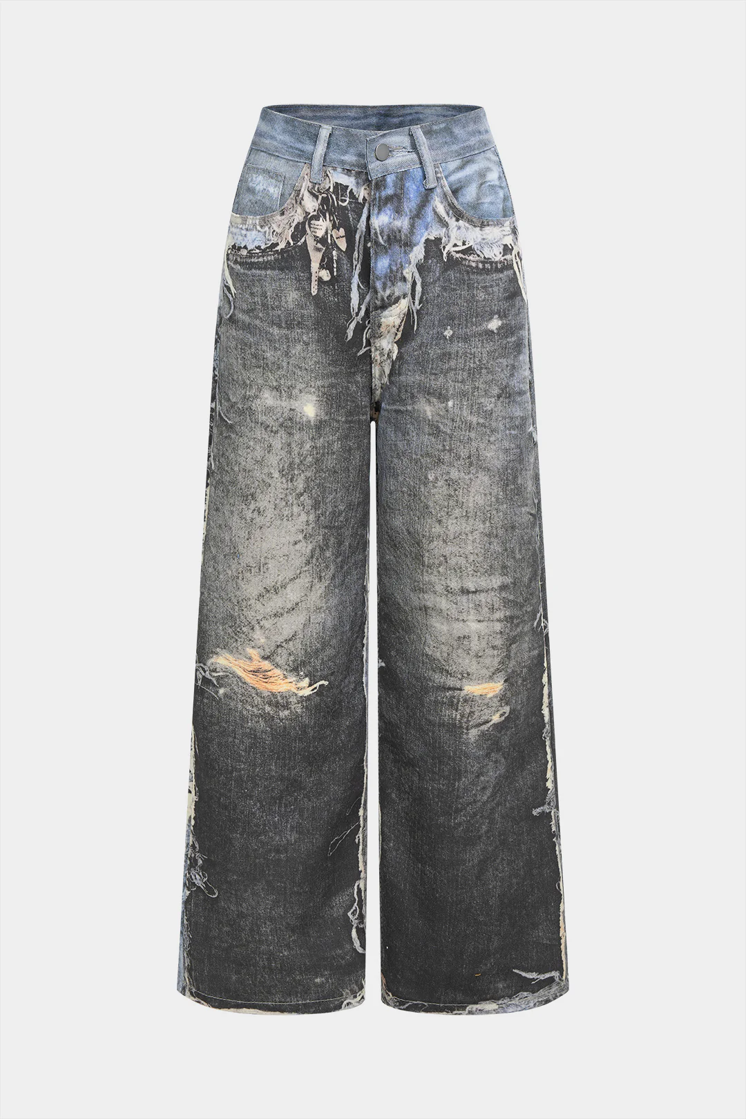 Denim Artistic Print Wide Leg Pants