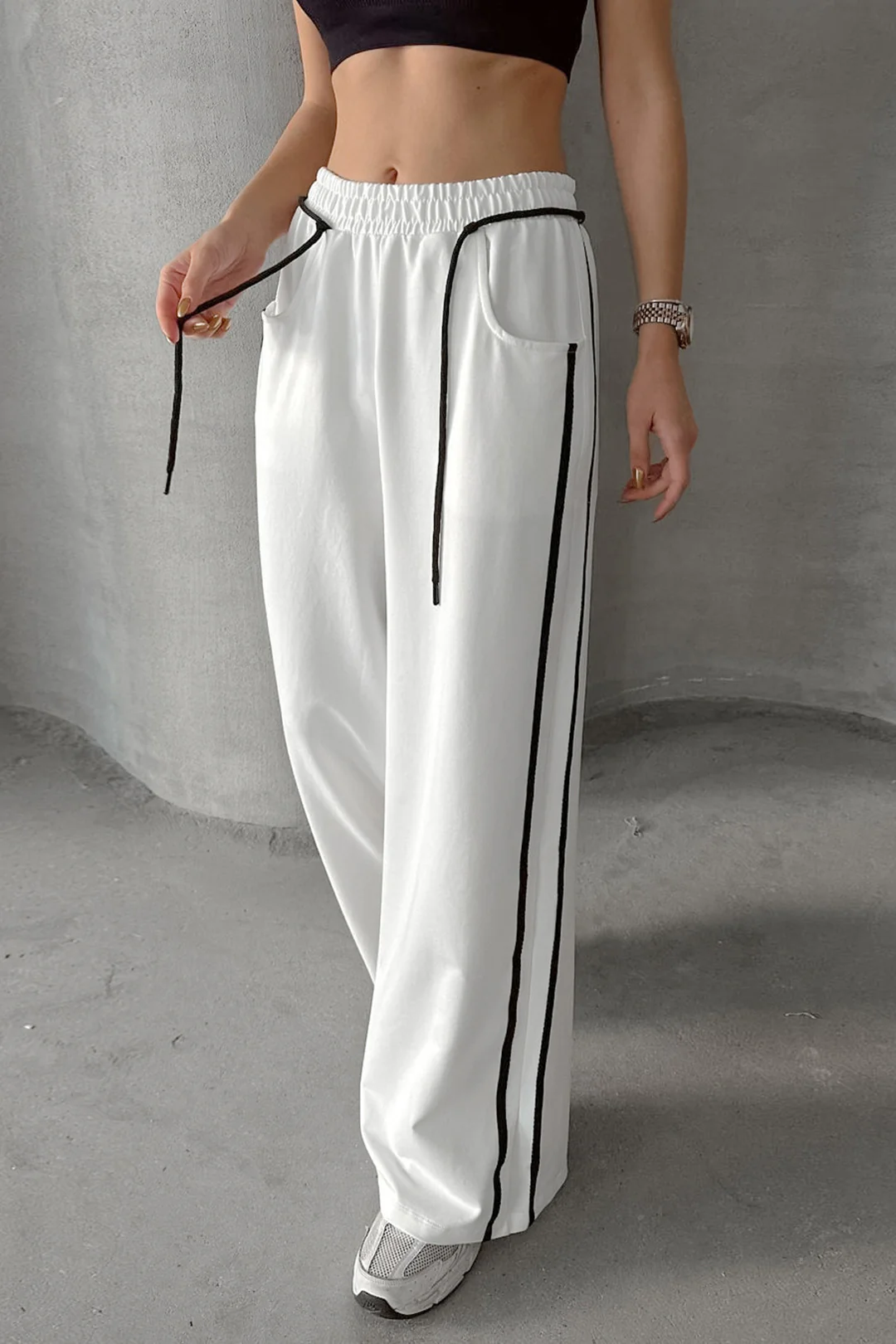 Contrast Binding Pocket High Waist Wide Leg Pants