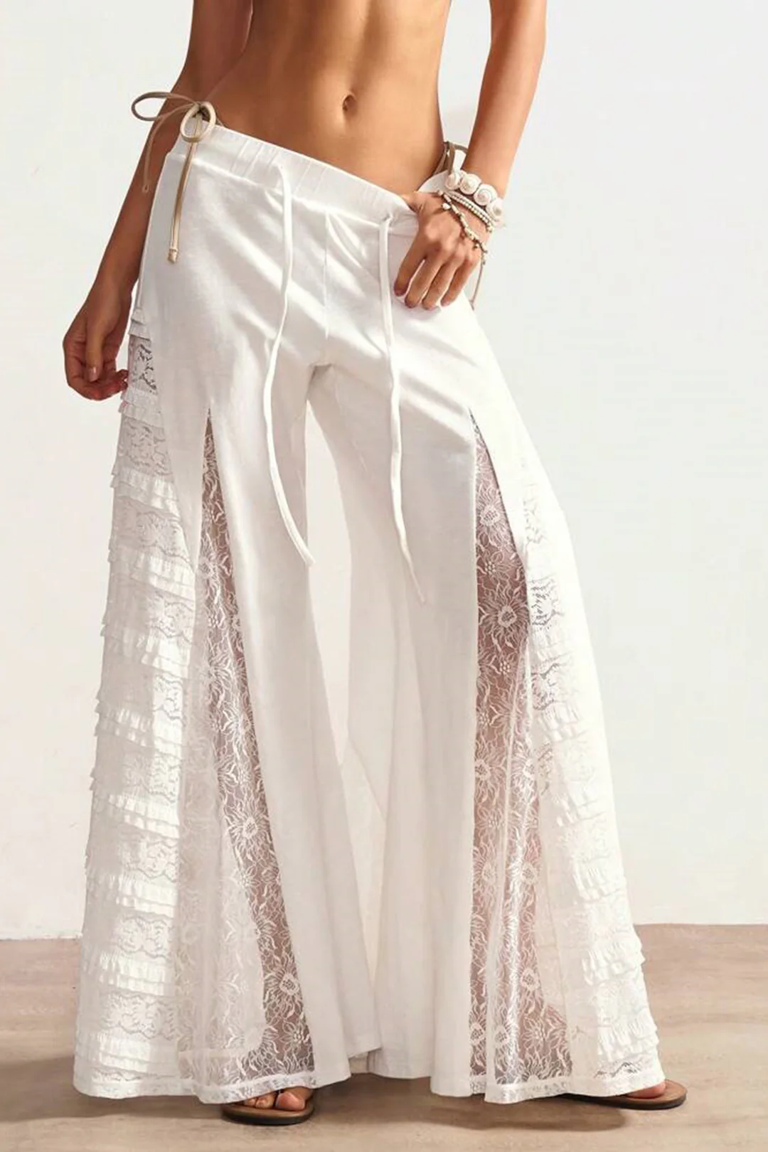 Lace Trim Patchwork Drawstring Wide Leg Pants
