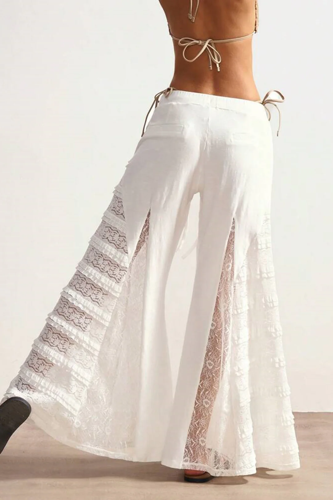 Lace Trim Patchwork Drawstring Wide Leg Pants - Image 3