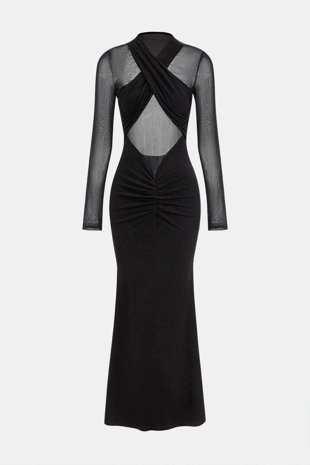 Crossed Mesh Sheer V-Neck Long Sleeve Maxi Dress - Image 2