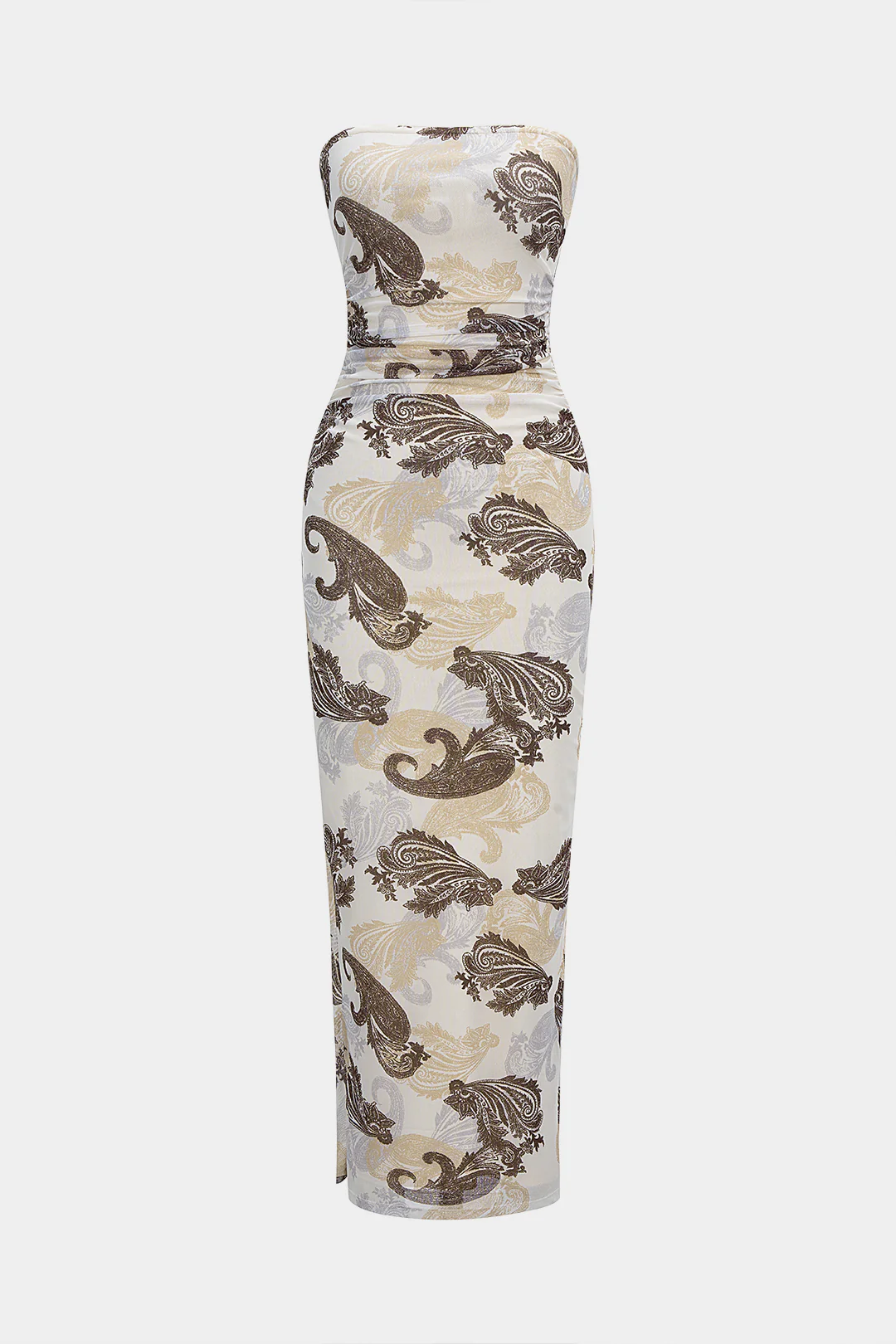 Paisley Print Mesh Ruched Strapless Sleeveless Maxi Dress