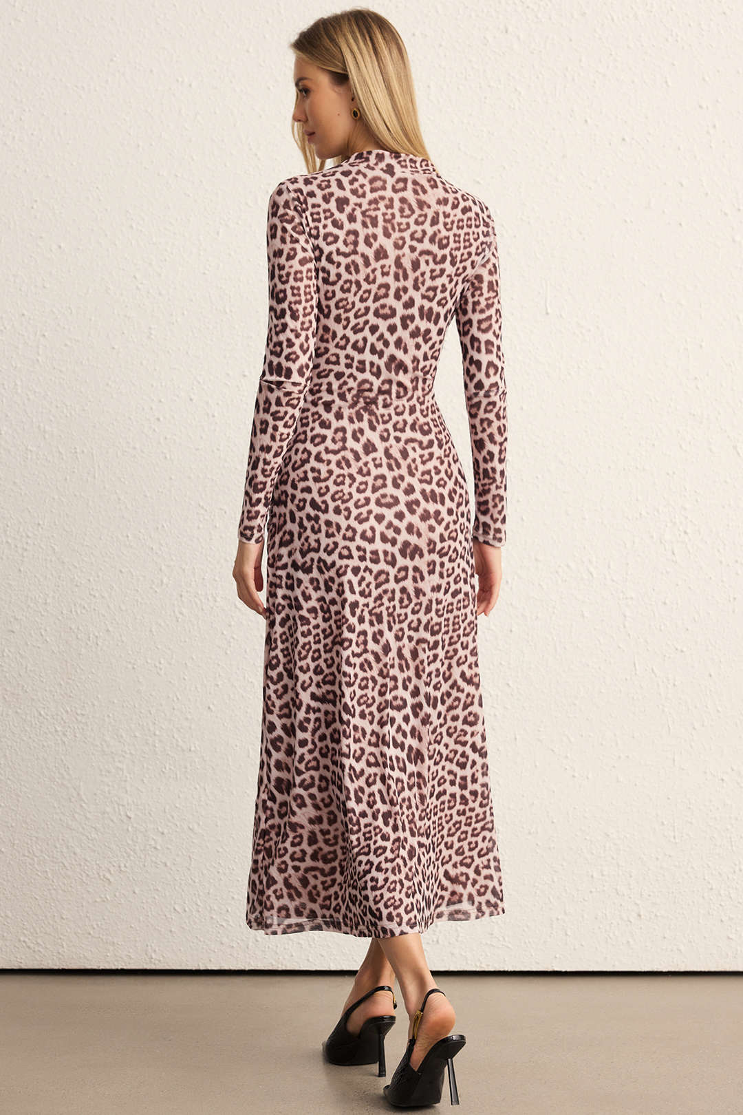 Leopard Print Mesh Ruched Slit Long Sleeve Midi Dress - Image 2