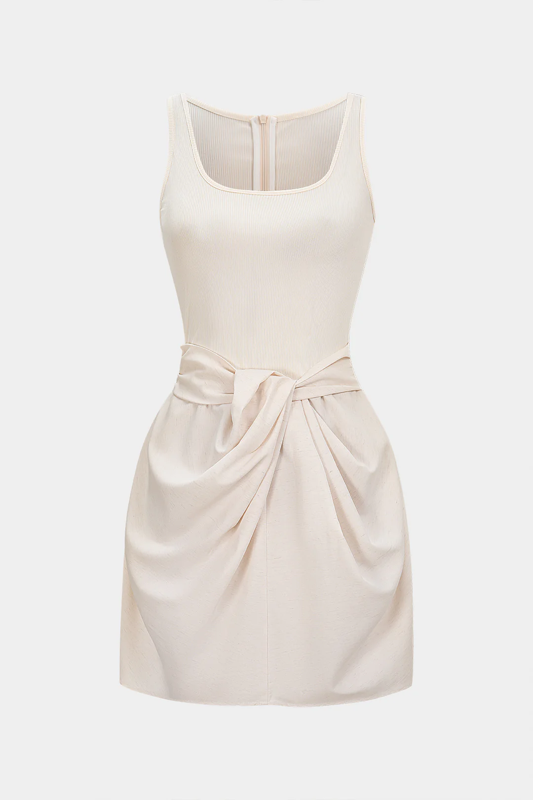 U-Neck Ruched Zipper Mini Dress