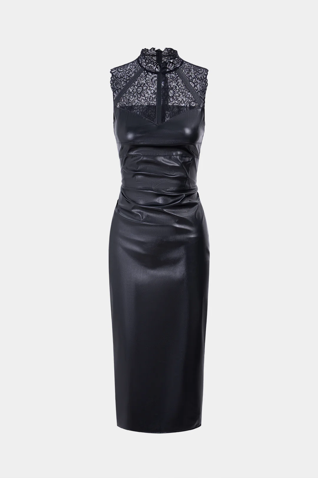 Faux Leather Patchwork Lace Ruched Sleeveless Midi Dress
