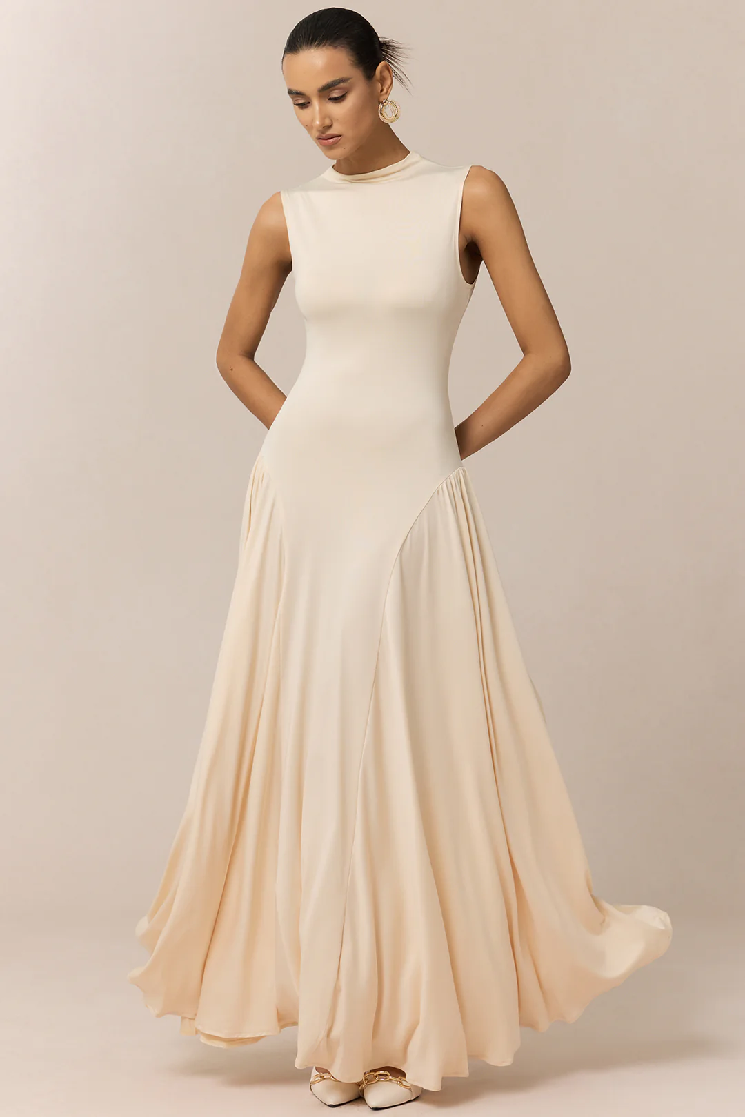 Mock Neck Ruched Sleeveless Maxi Dress