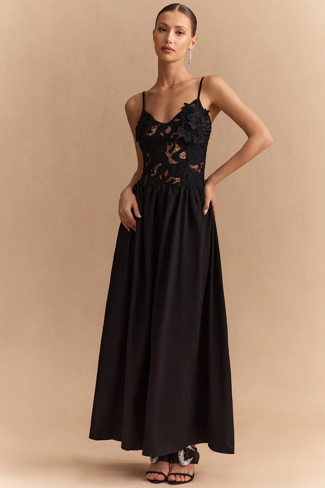 Patchwork Lace Hollow Out Slip Sleeveless Maxi Dress