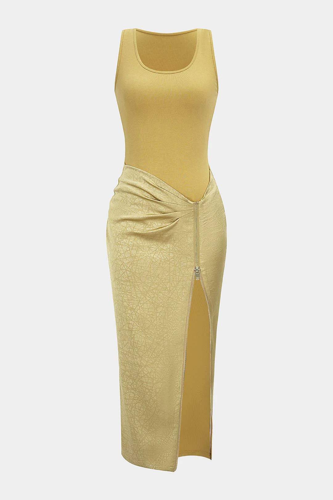 Patchwork Textured U-Neck Asymmetrical Ruched Zipper Slit Sleeveless Maxi Dress