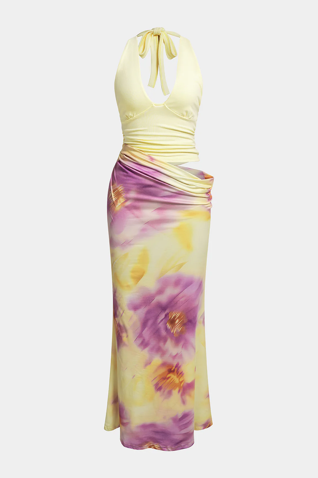 Floral Print Halter V-Neck Cut Out Tie-Up Asymmetrical Maxi Dress