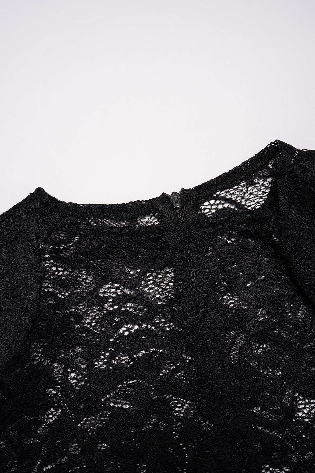 Sheer Lace Round Neck Asymmetrical Ruched Tie-Up Long Sleeve Midi Dress - Image 3