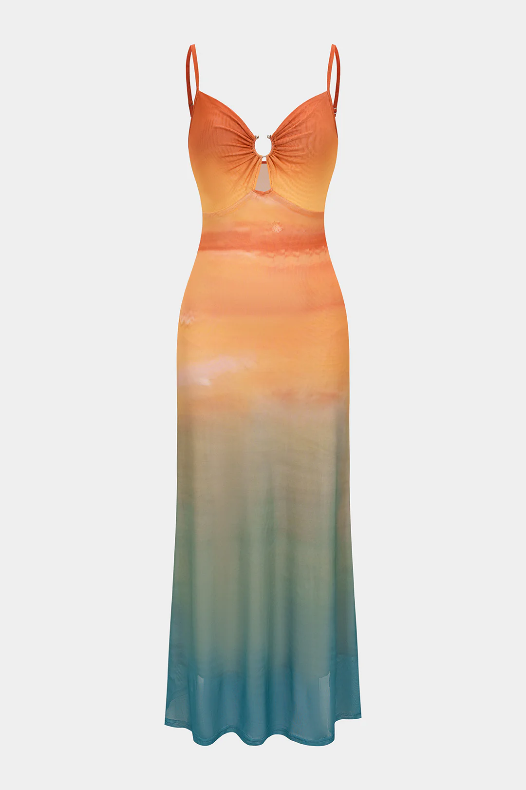 Ombre Print Mesh Cut Out Sleeveless Maxi Dress