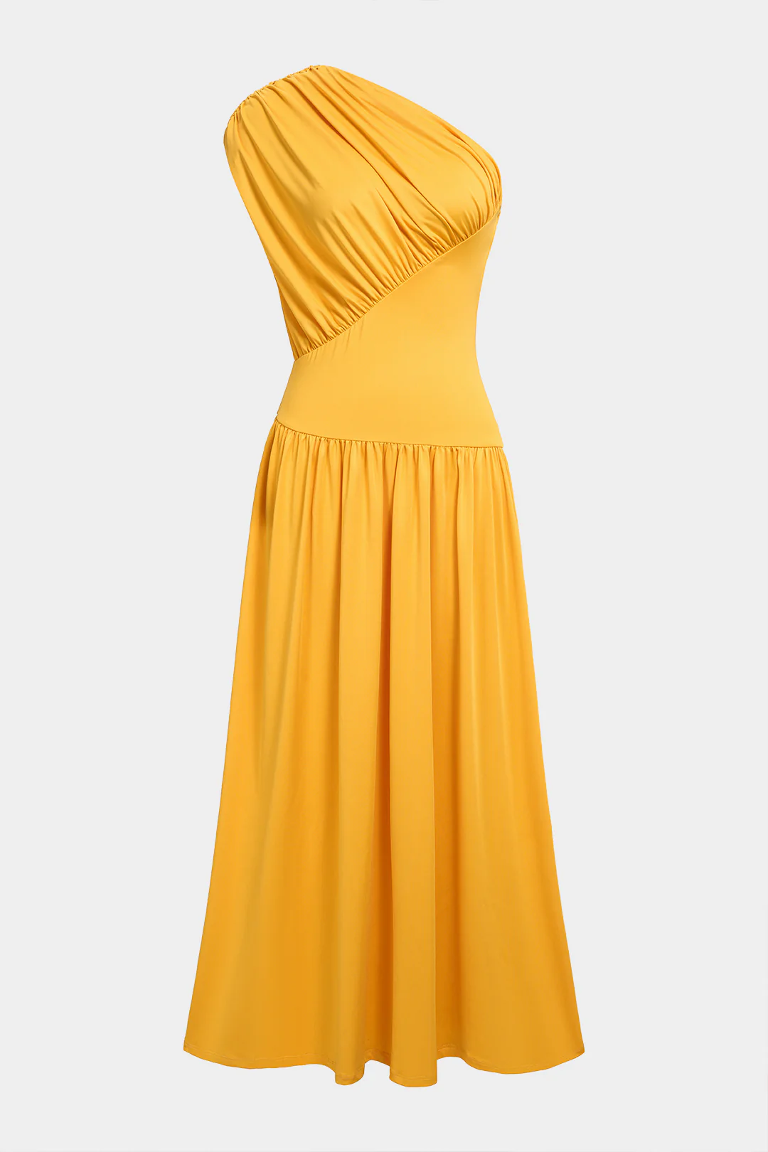 Solid One Shoulder Asymmetrical Ruched Sleeveless Maxi Dress