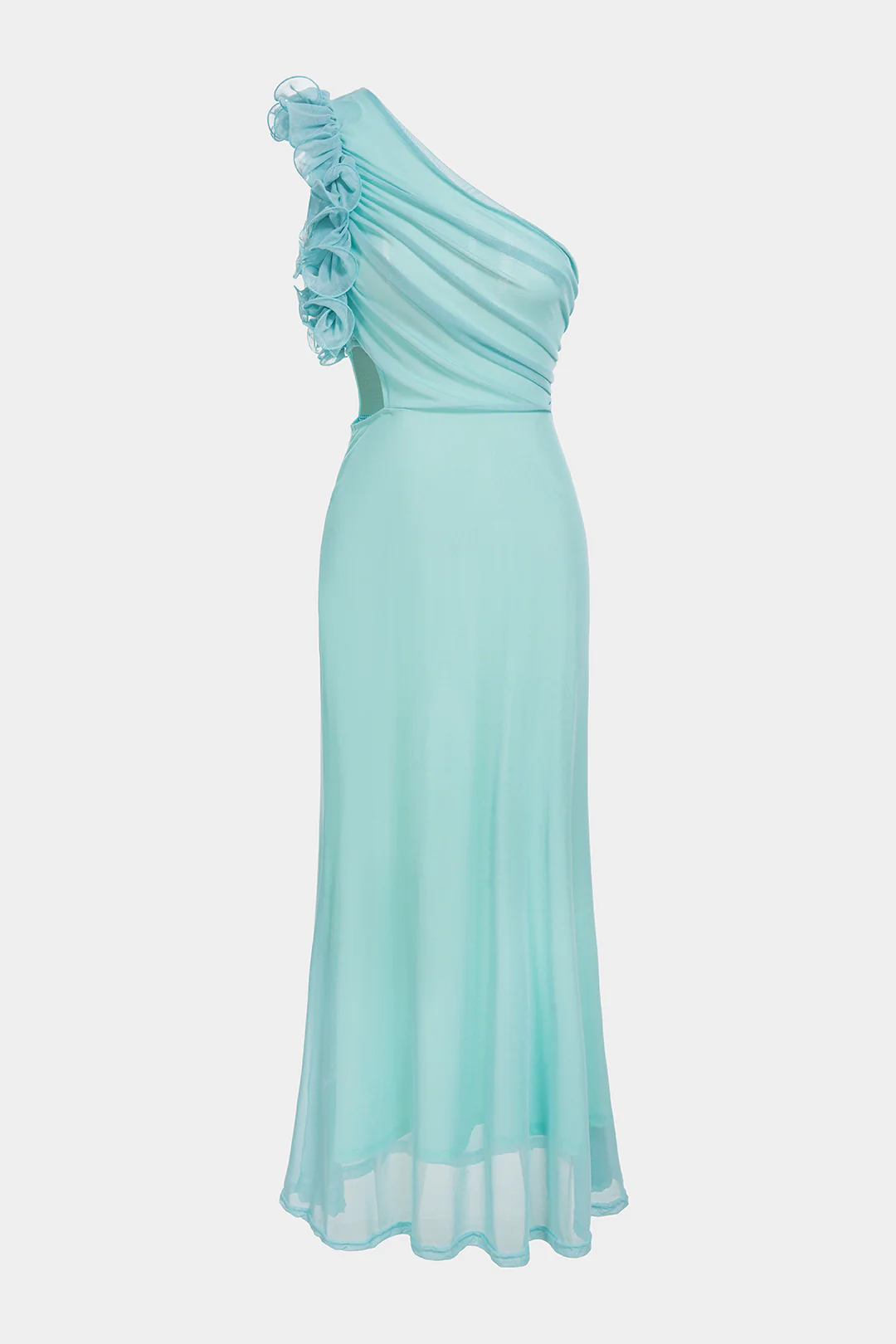 Mesh Patchwork One Shoulder Cut Out Asymmetrical Ruched Sleeveless Midi Dress