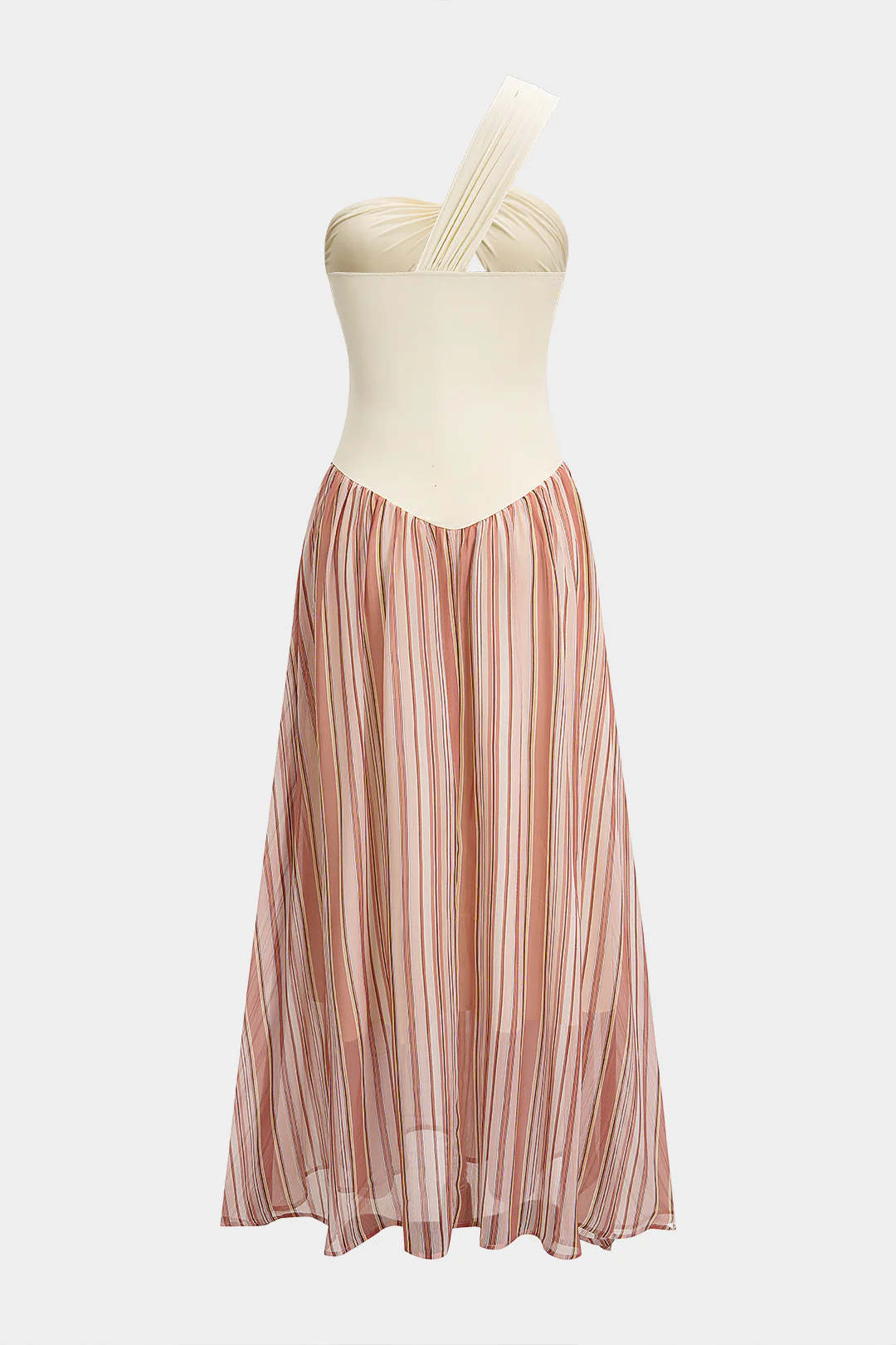 Stripes Print Chiffon Patchwork One Shoulder Ruched Sleeveless Maxi Dress - Image 2