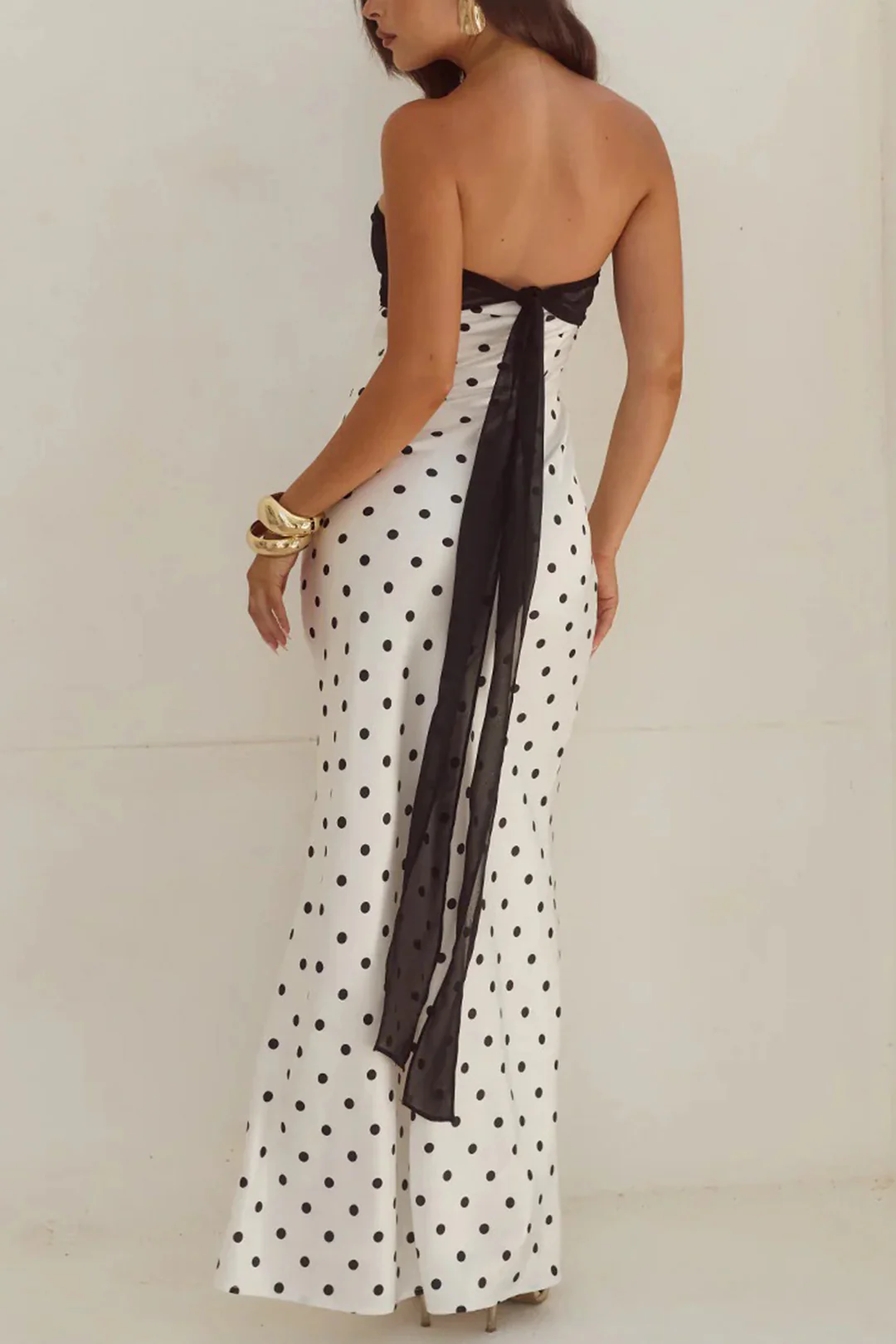 Polka Dots Print Chiffon Patchwork Satin Tie-Up Strapless Sleeveless Maxi Dress - Image 2