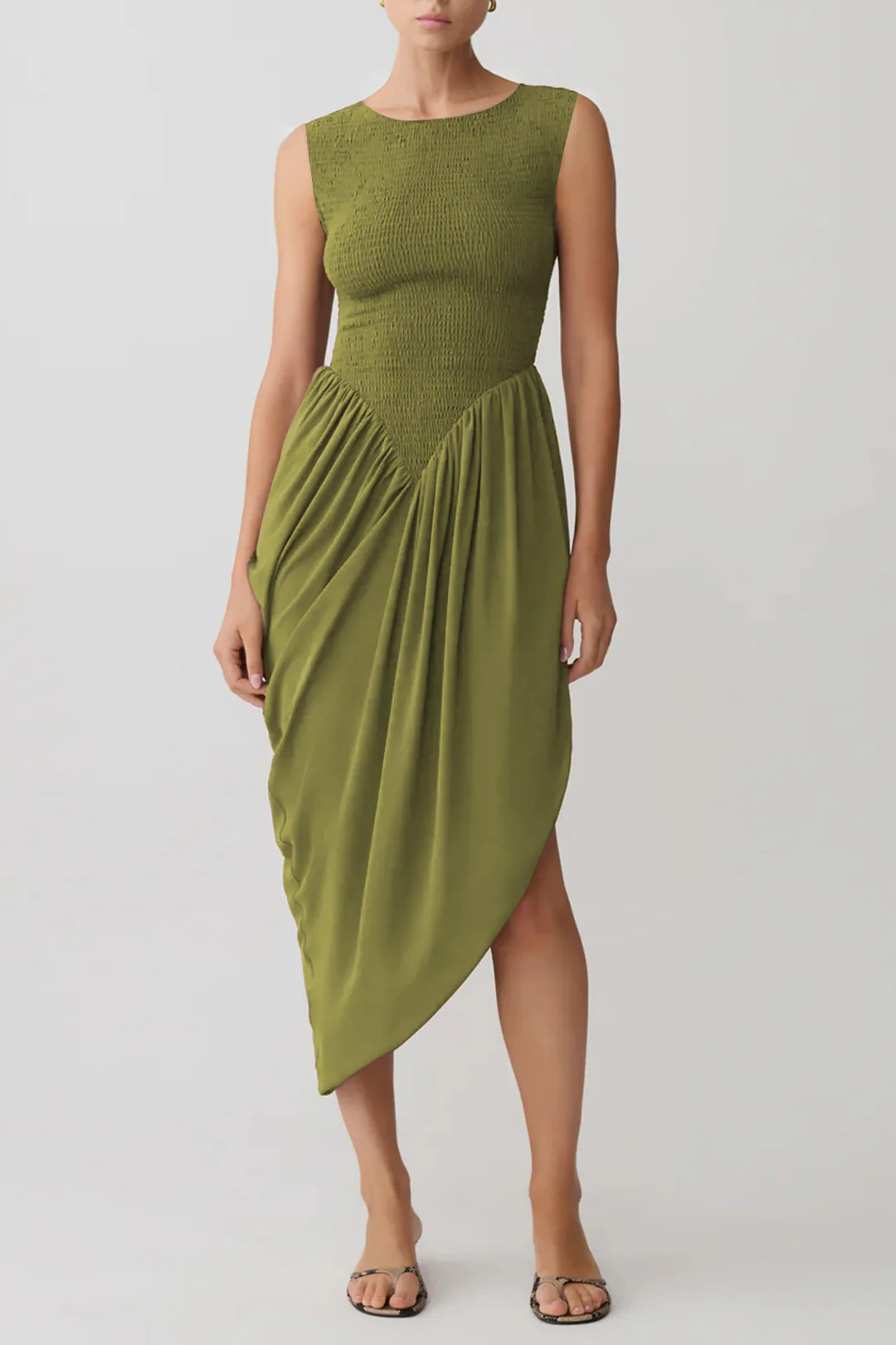 Patchwork Round Neck Asymmetrical Ruched Sleeveless Maxi Dress