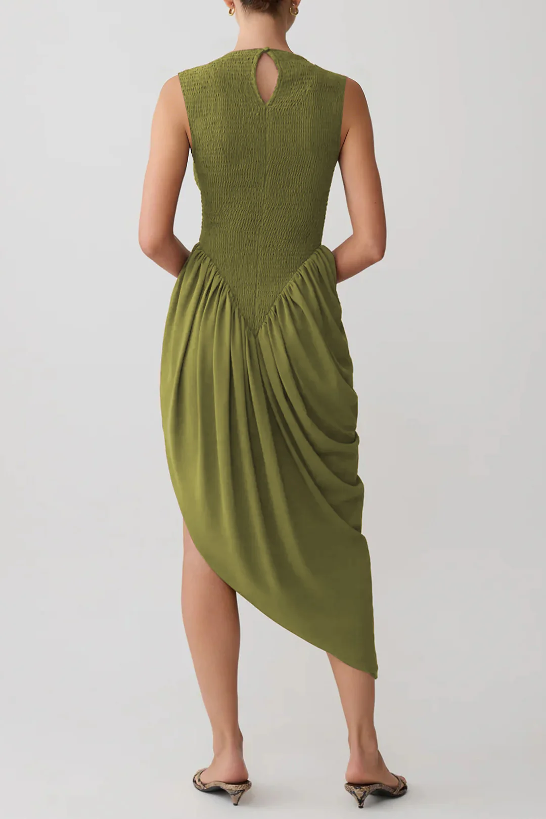 Patchwork Round Neck Asymmetrical Ruched Sleeveless Maxi Dress - Image 2