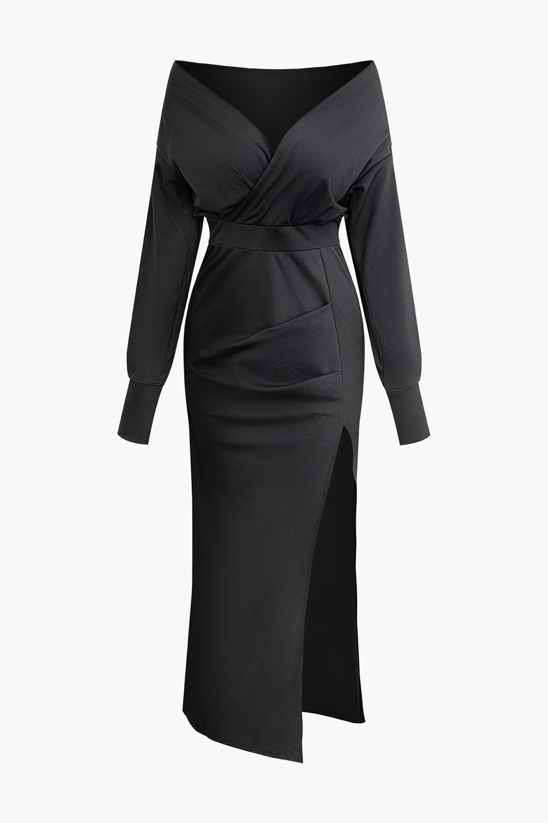 Satin Pleated V-Neck Asymmetrical Side Slit Long Sleeve Midi Dress