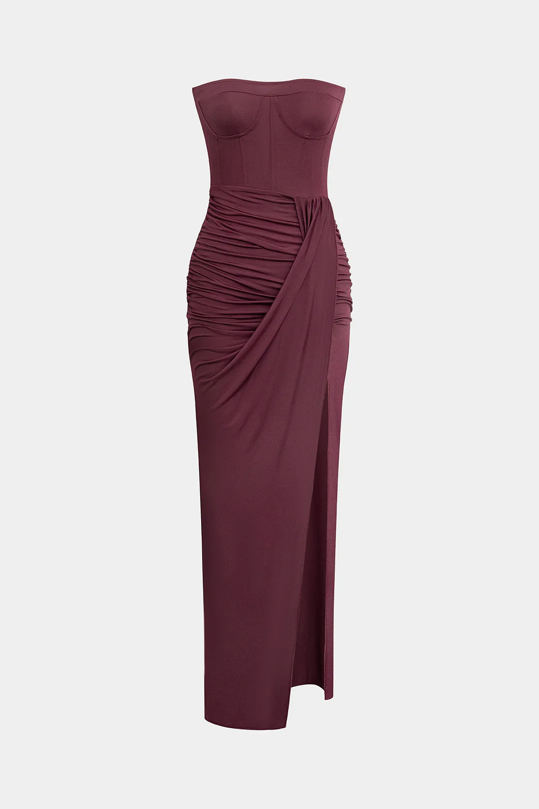 Ruched Strapless Asymmetrical Midi Dress