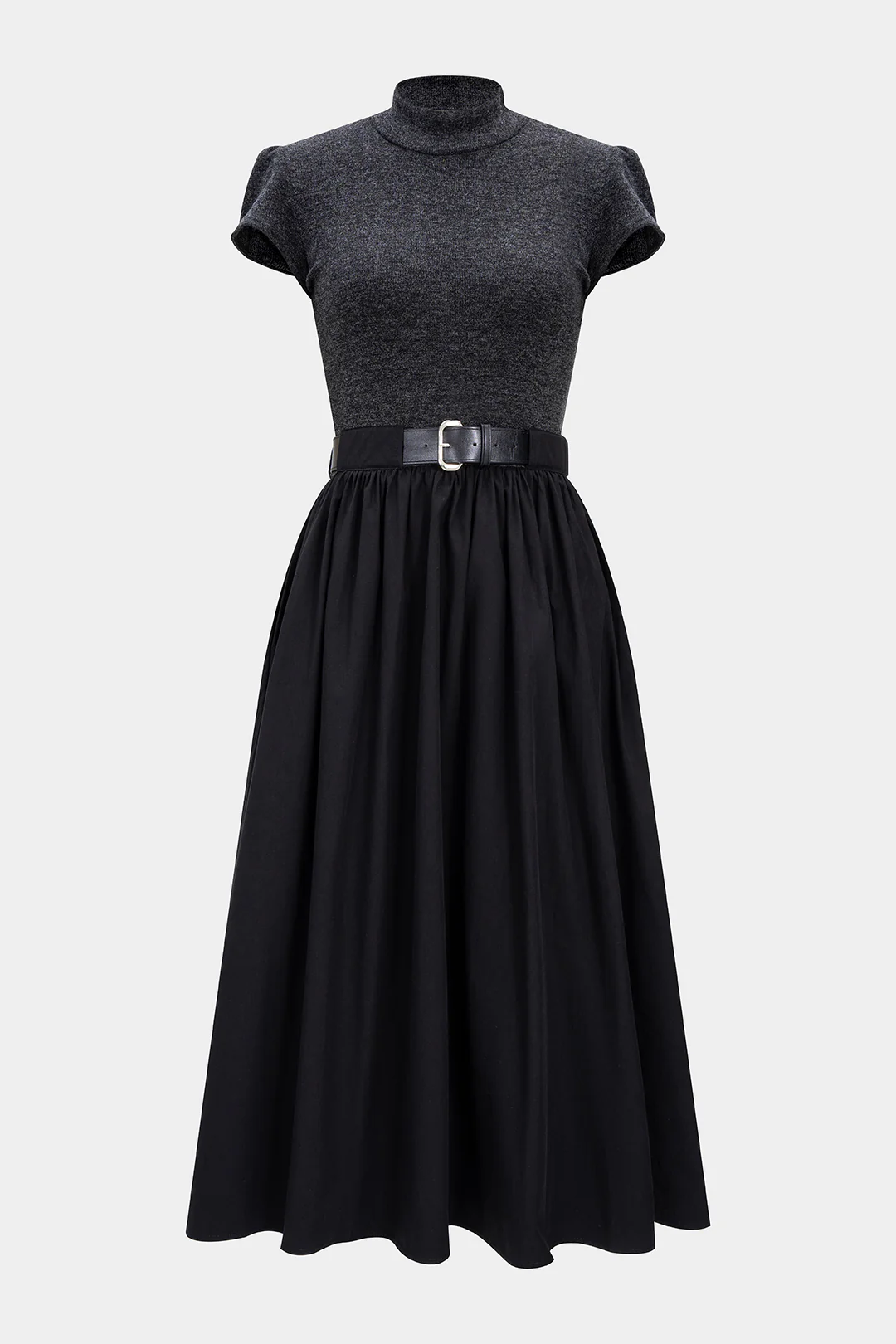 Mock Neck Patchwork Belted Short Sleeve Midi Dress