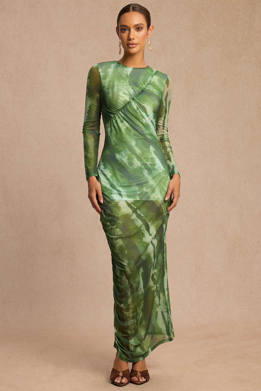 Tie Dye Print Mesh Round Neck Ruched Long Sleeve Midi Dress