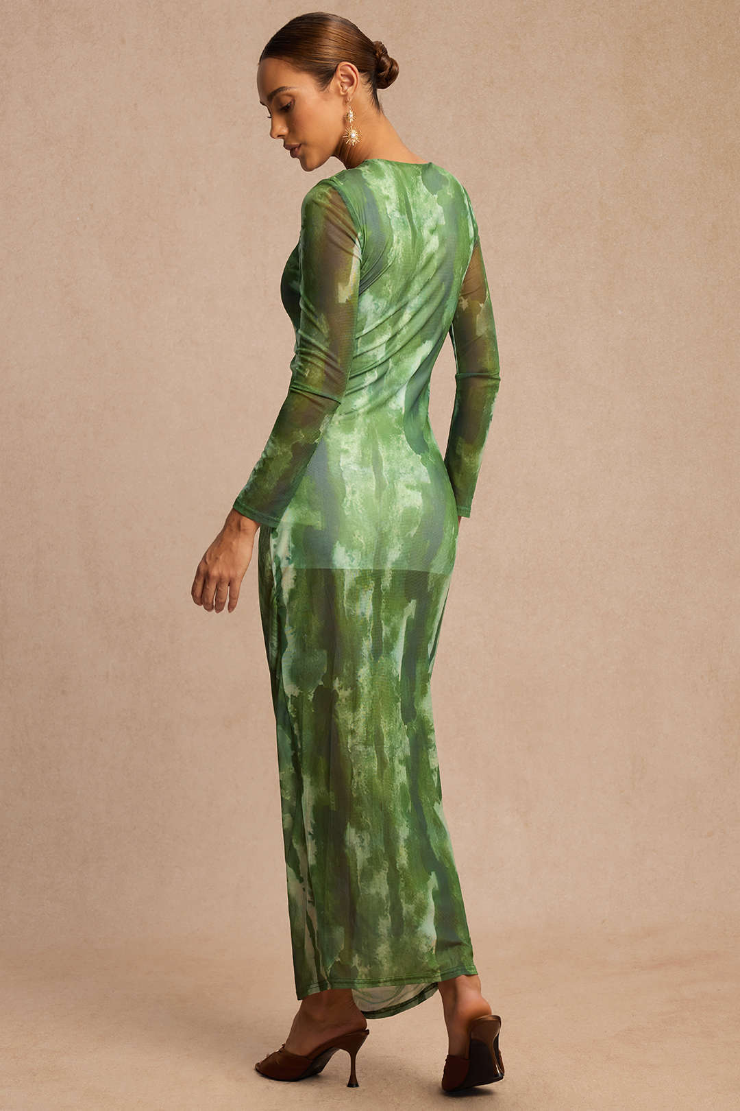 Tie Dye Print Mesh Round Neck Ruched Long Sleeve Midi Dress - Image 2