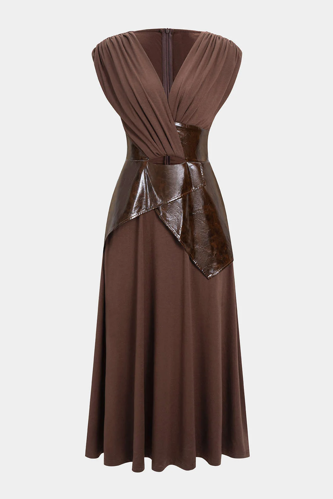 Faux Leather Patchwork Ruched Short-Sleeve Maxi Dress