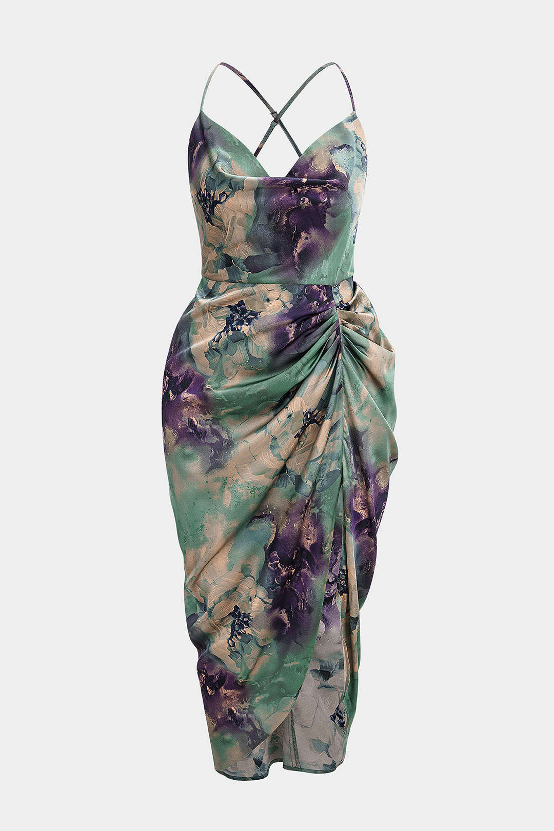Plus Size Floral Print Satin Draped Cowl Neck Ruched Crossed Sleeveless Midi Dress - Image 4