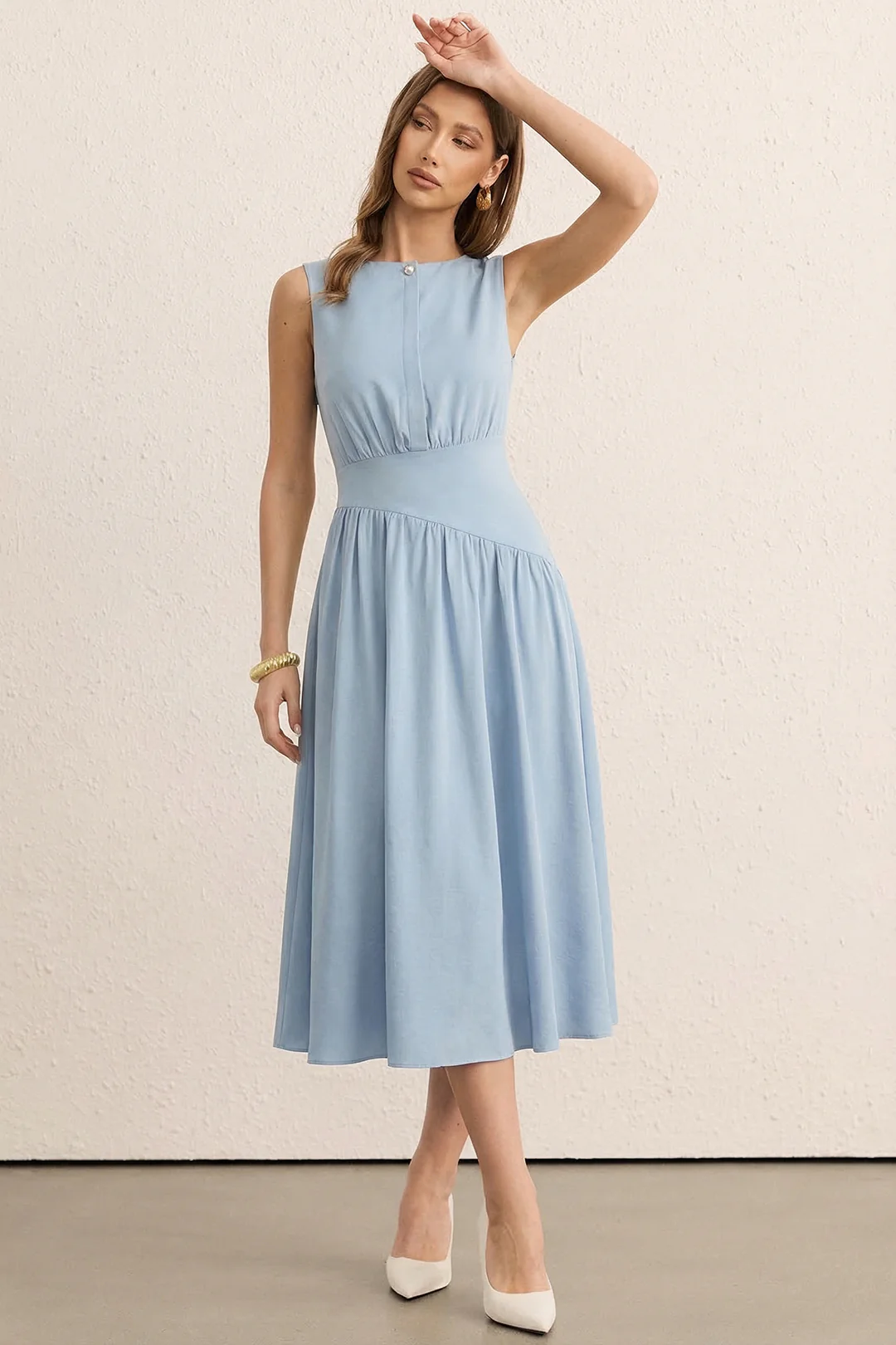 Round Neck Pearl Button Sleeveless Midi Dress - Image 2