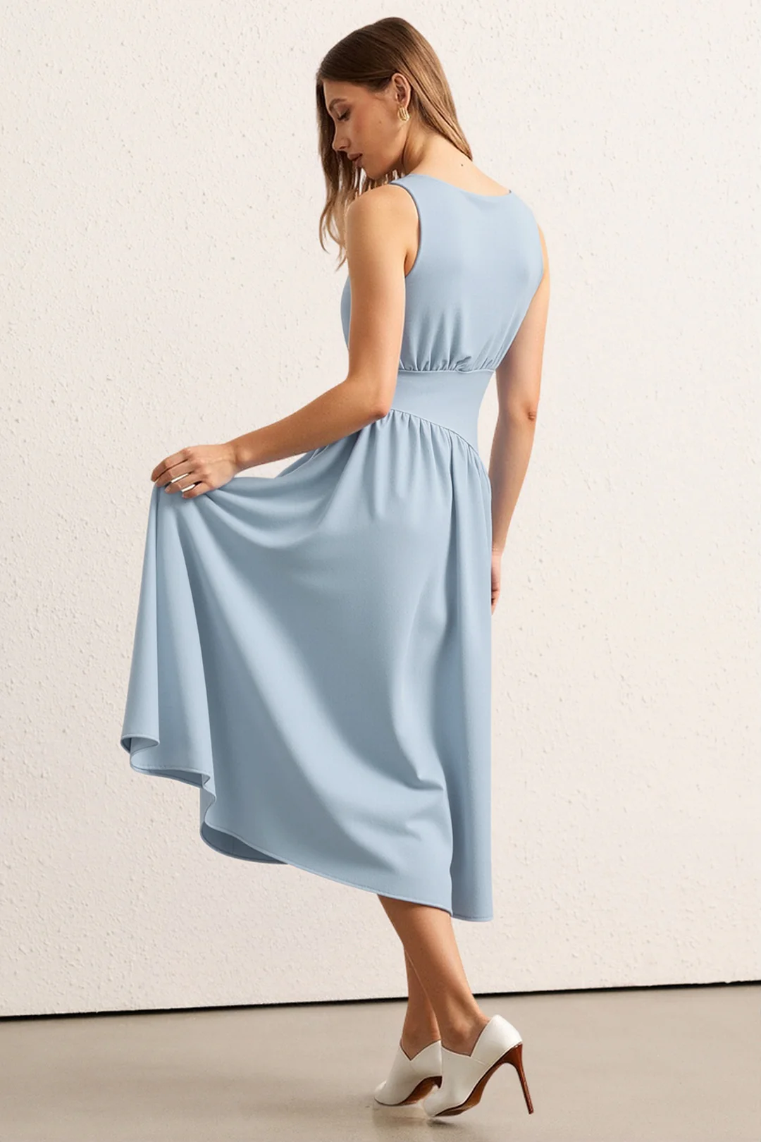 Round Neck Pearl Button Sleeveless Midi Dress - Image 3