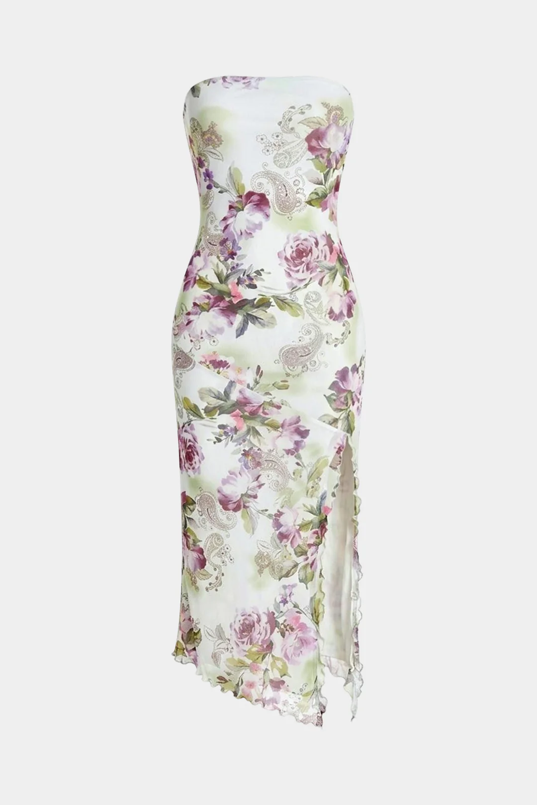 Floral Print Scallop Edge Strapless Slit Sleeveless Midi Dress