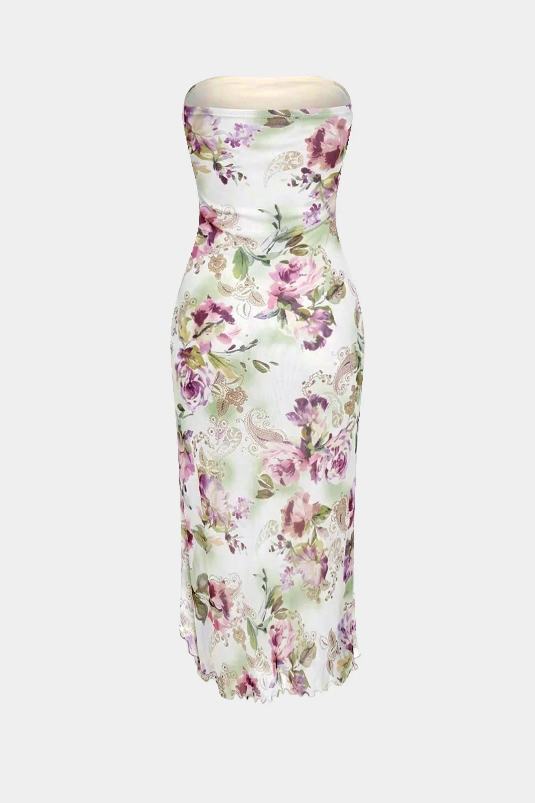 Floral Print Scallop Edge Strapless Slit Sleeveless Midi Dress - Image 2