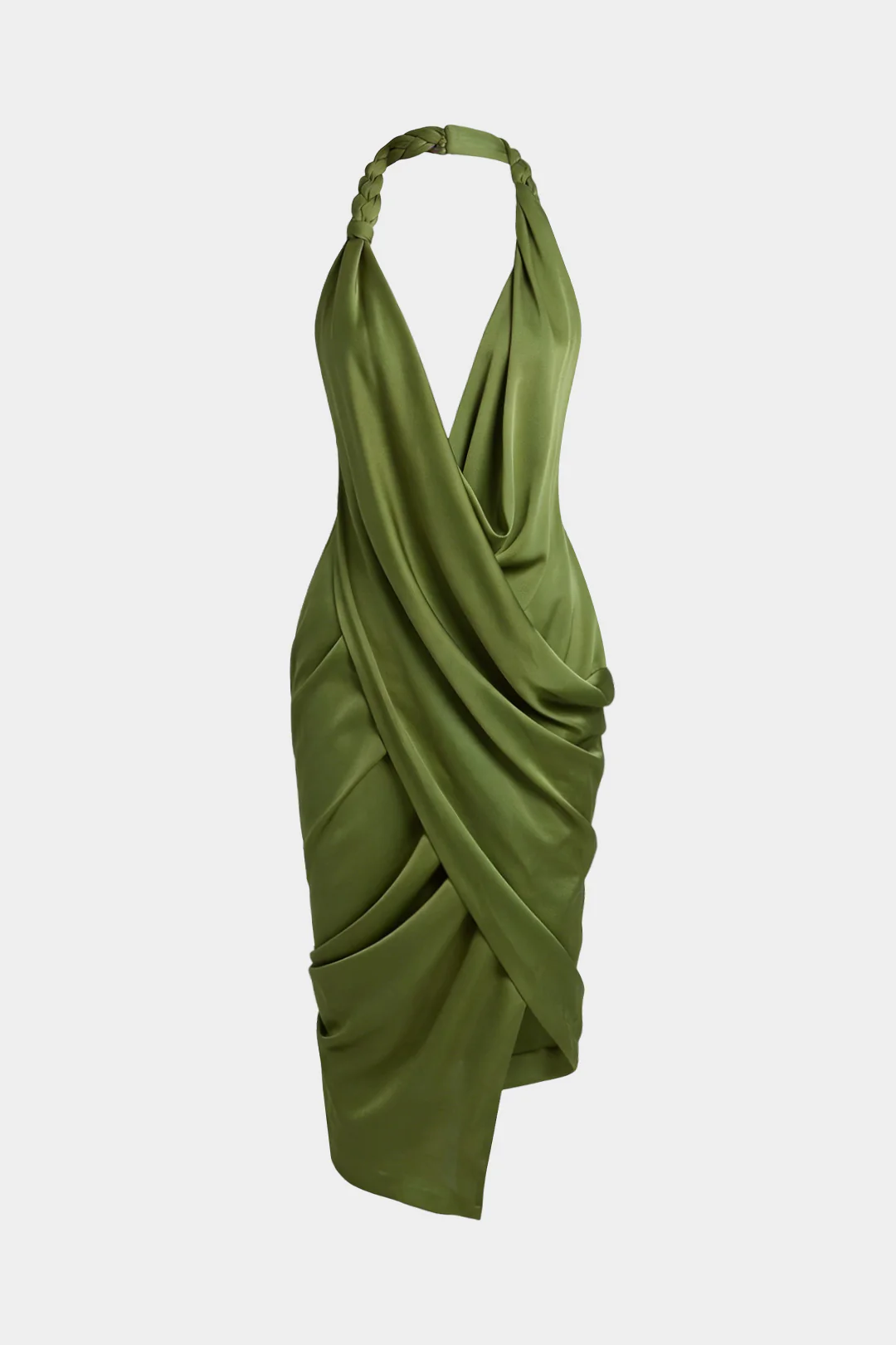 Satin Asymmetrical Braided Halter V-Neck Ruched Sleeveless Midi Dress
