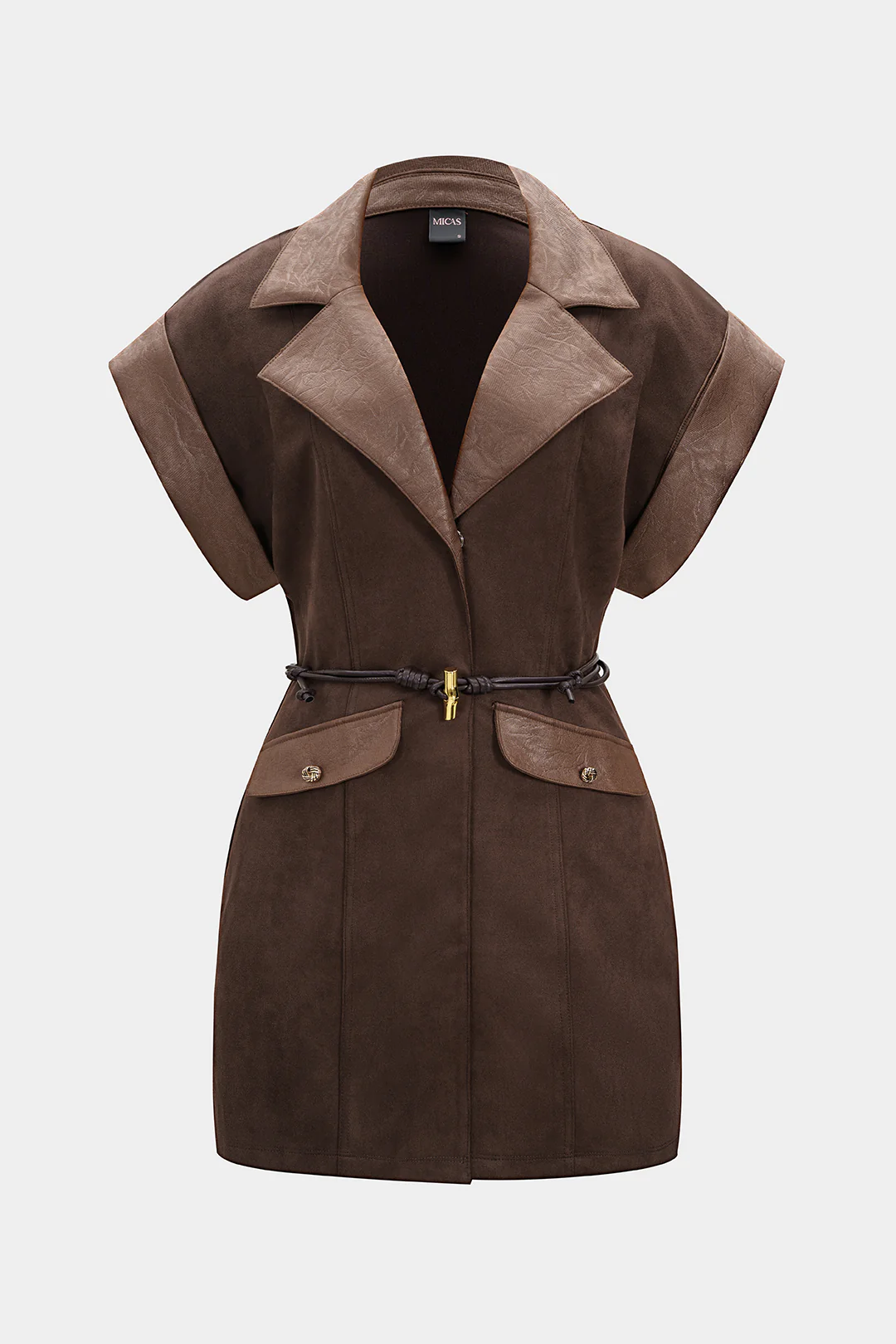 Faux Leather Suede V-Neck Patchwork Belted Sleeveless Mini Dress
