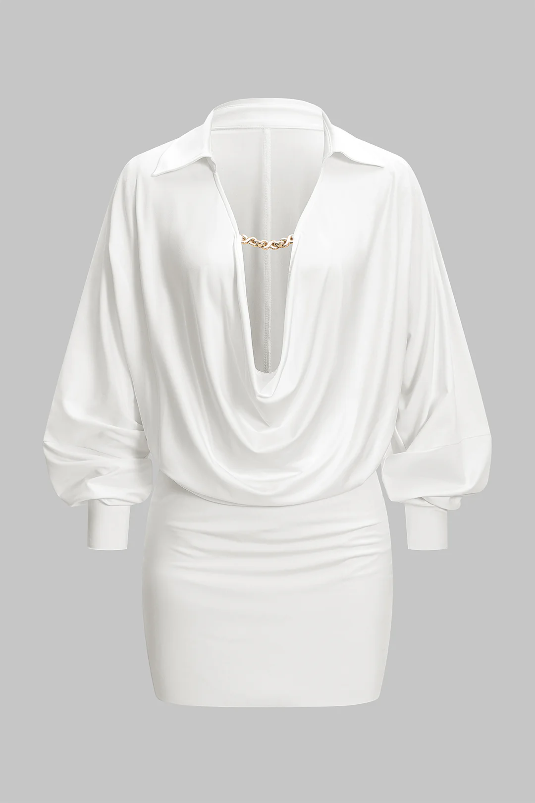 Ruched Draped Cowl V-Neck Long Sleeve Mini Dress