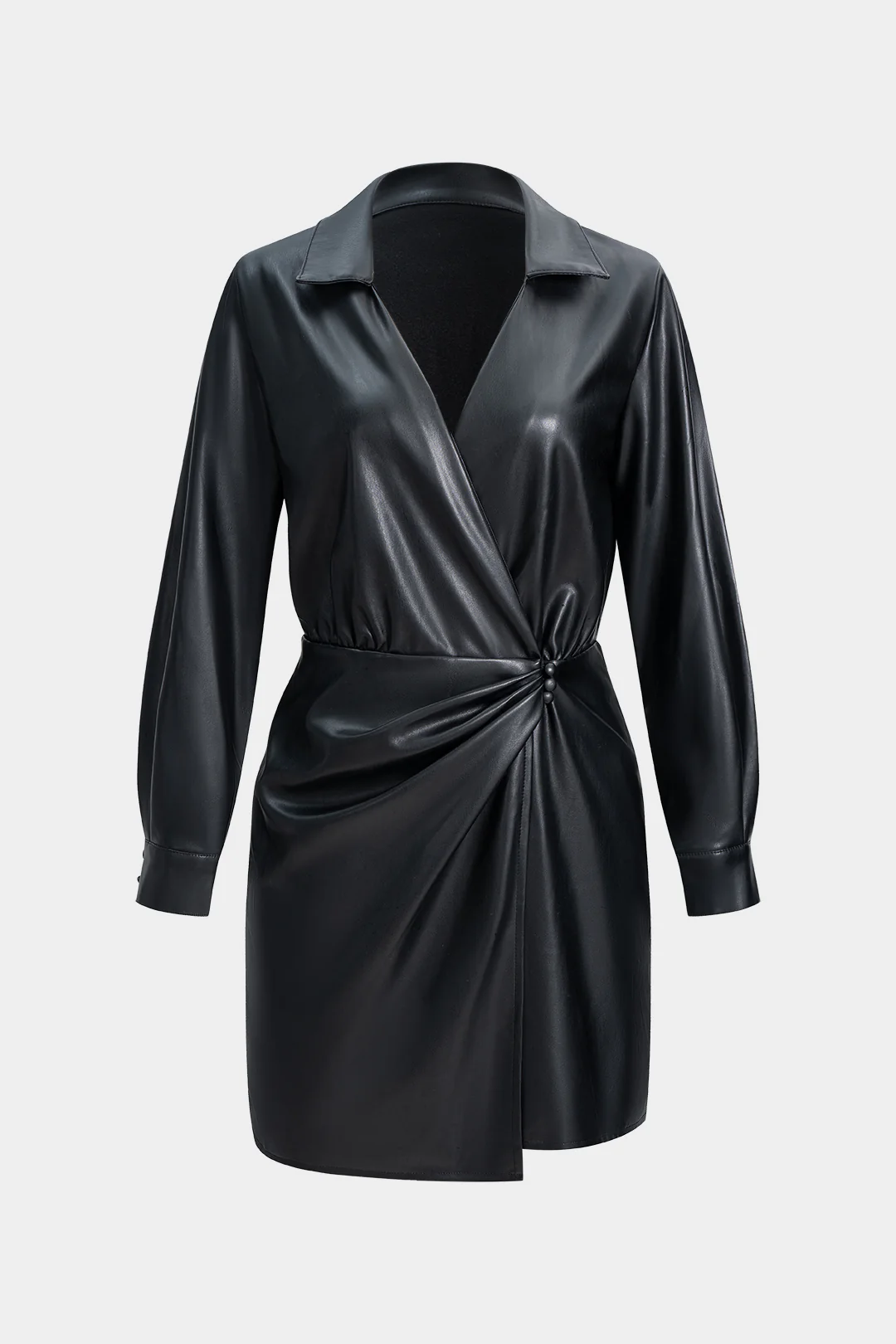 Faux Leather V-Neck Ruched Long Sleeve Mini Dress