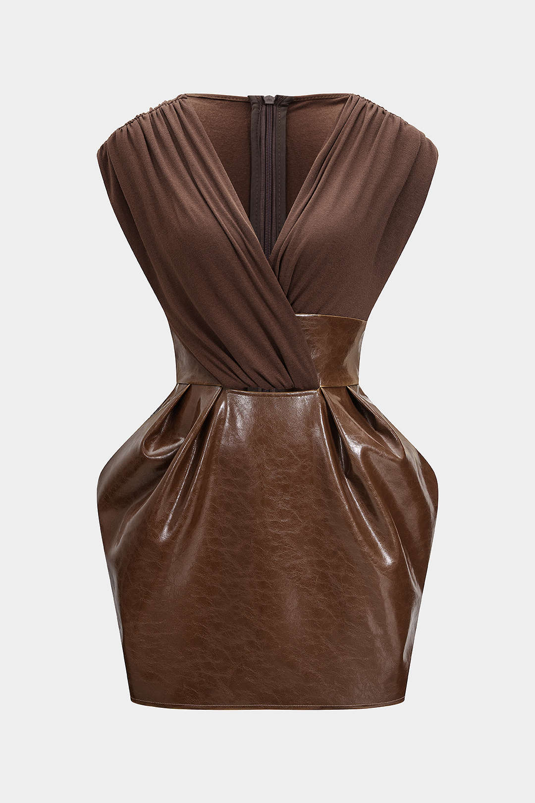 Faux Leather Patchwork V-Neck Ruched Sleeveless Mini Dress