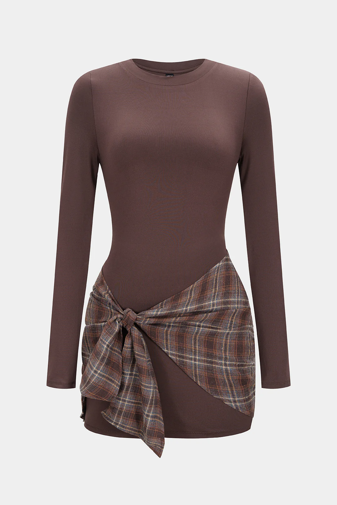 Plaid Print Patchwork Tie Front Long Sleeve Mini Dress