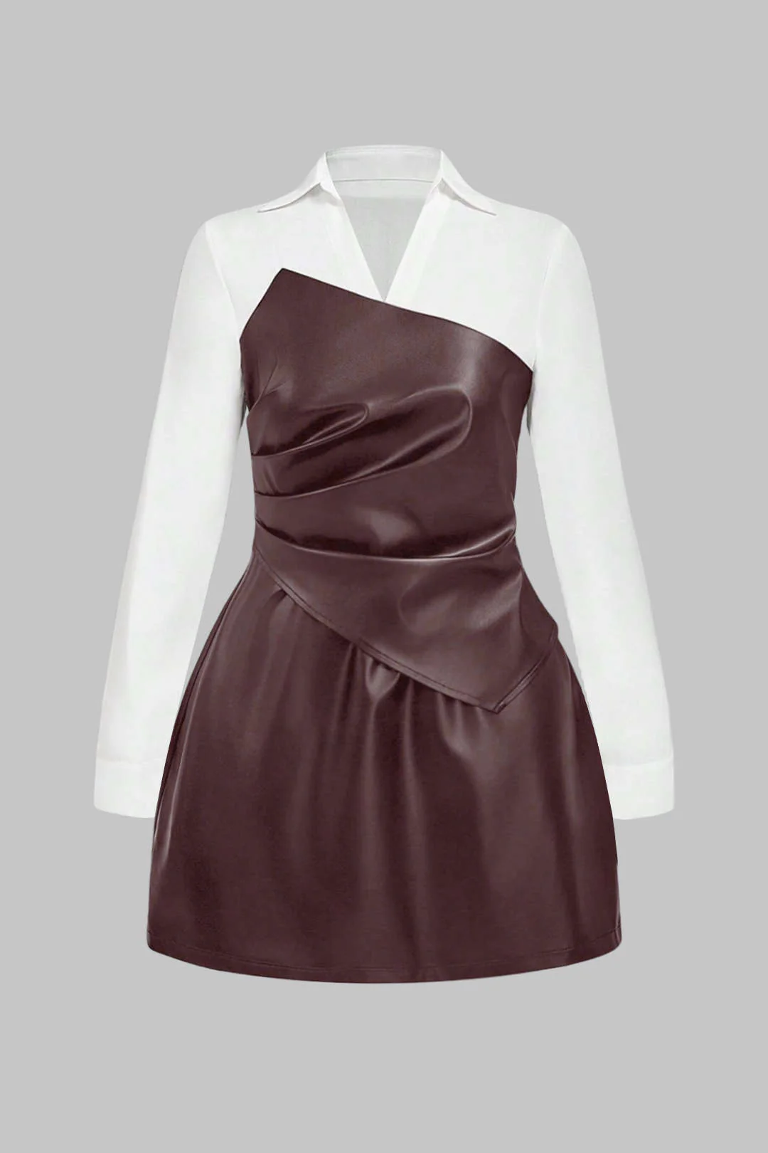 Plus Size Faux Leather Patchwork V-Neck Ruched Long Sleeve Mini Dress