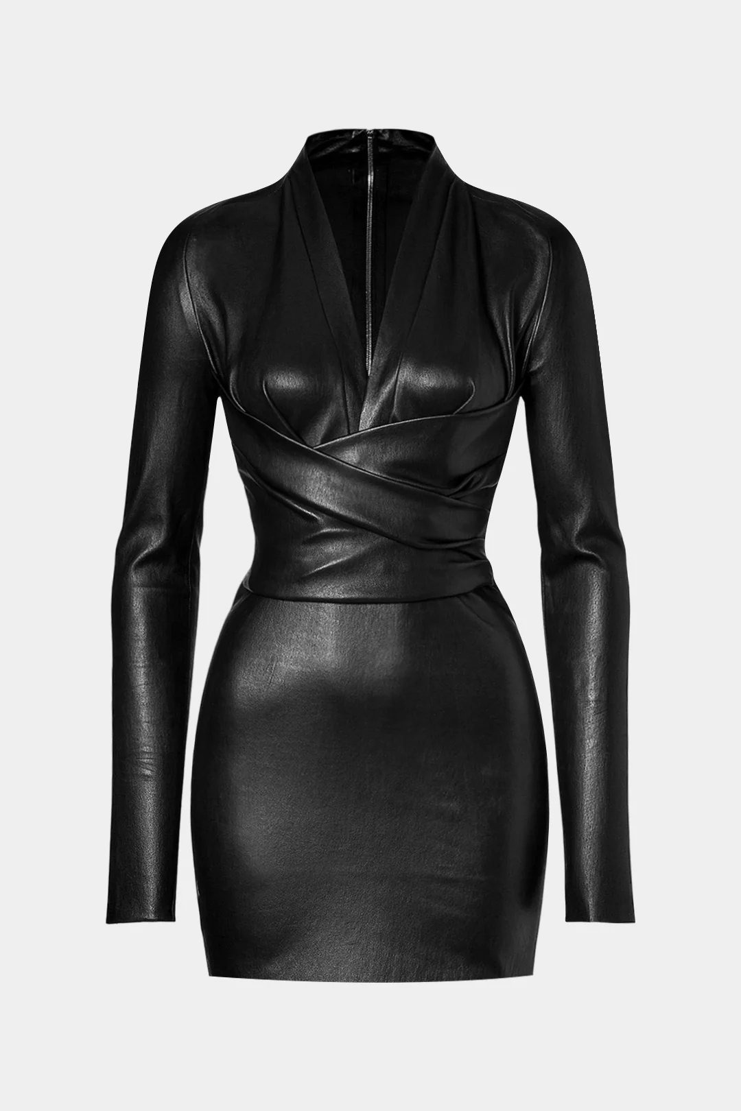 Faux Leather Crossed Ruched Long Sleeve Mini Dress