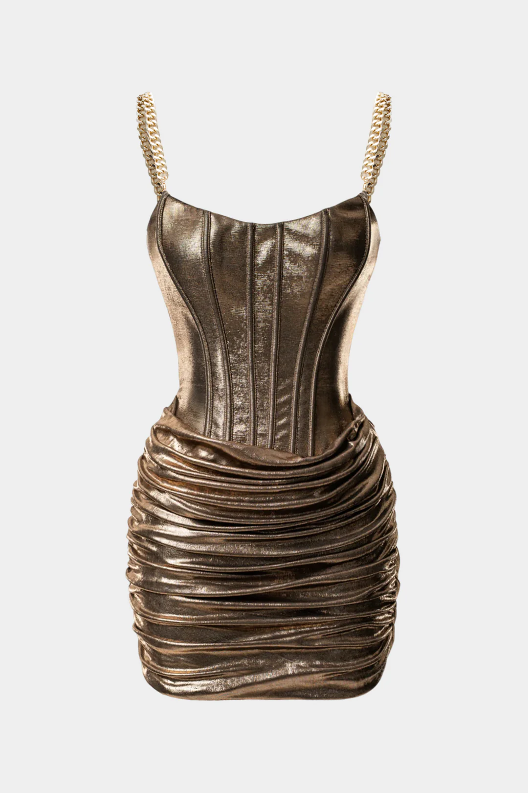 Metallic Chain Ruched Zipper Sleeveless Mini Dress